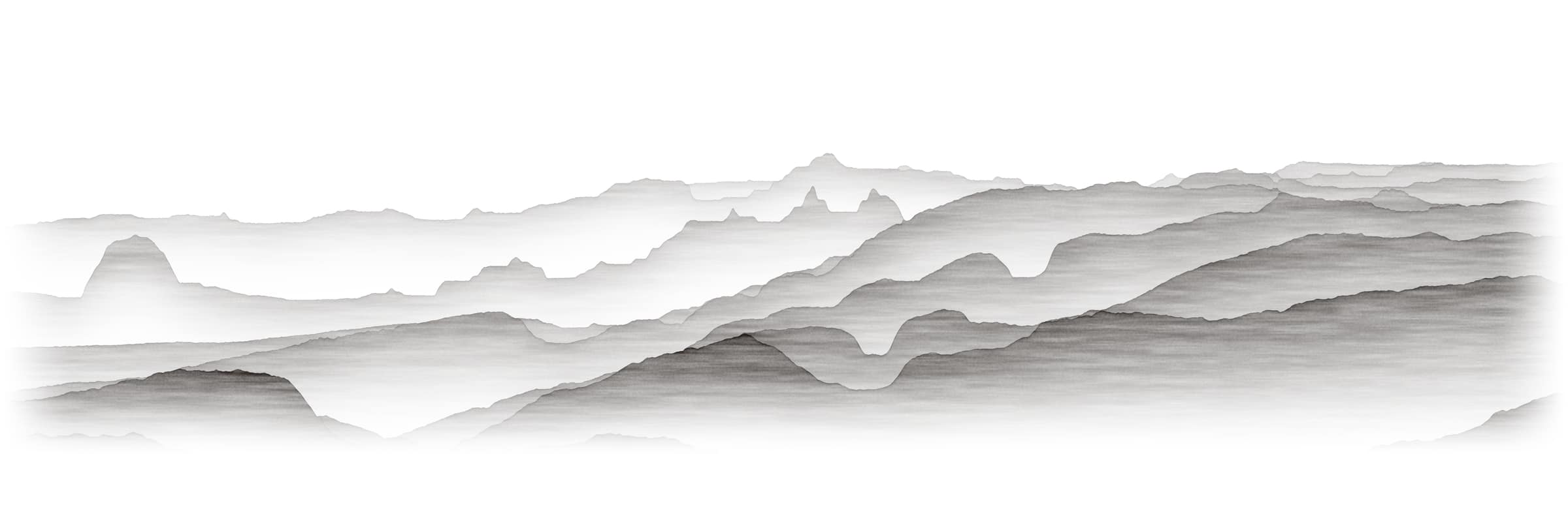 Ink-wash drawing of the hills north-east of Sigowet, ridge after ridge fading into mist. In the foreground: maize, a row of coffee bushes heavy with red cherries, a drying bed of picked coffee, the Emibo hardware shop with its orange sign, a lorry on the road, a two-storey building for guests and the dashed outline of an expansion still to come.